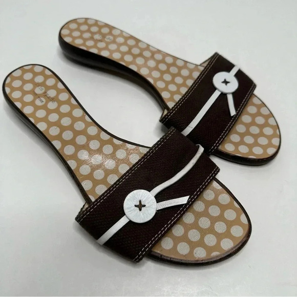 KATE SPADE Toby Brown Button Slides Polka Dot Canvas Leather Sandals Size 10 - Picture 3 of 10